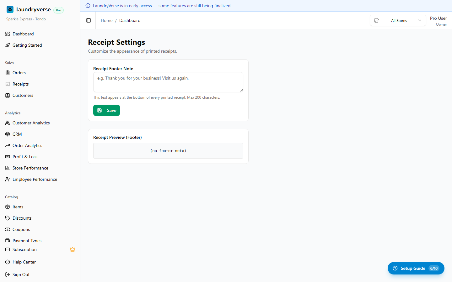 Receipt settings page with footer note input and preview