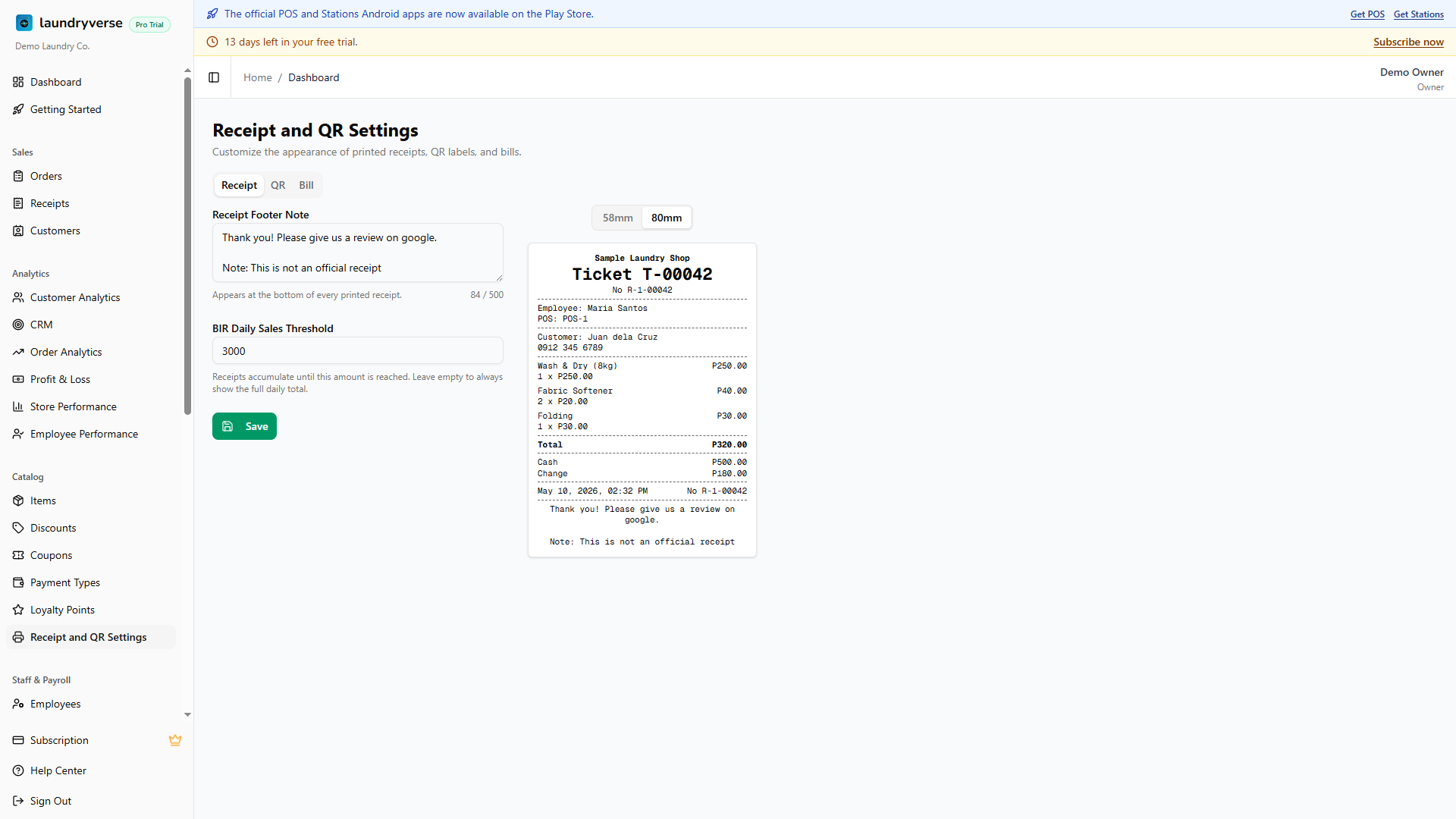 Receipt and QR Settings page with the Receipt tab open and a live preview on the right