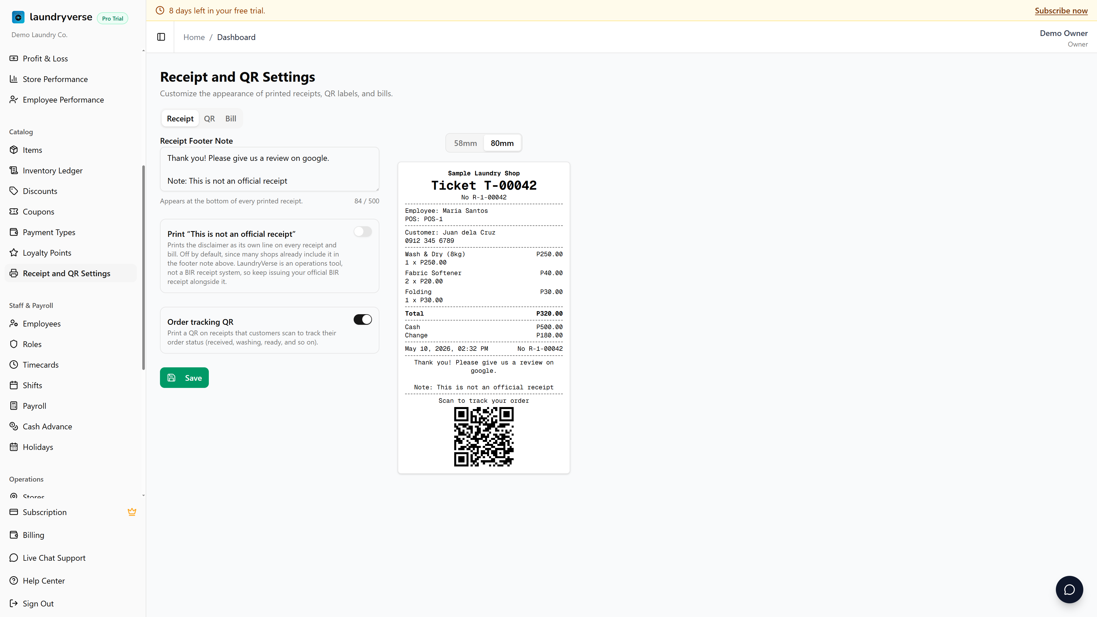 Receipt and QR Settings page with the Receipt tab open and a live preview on the right