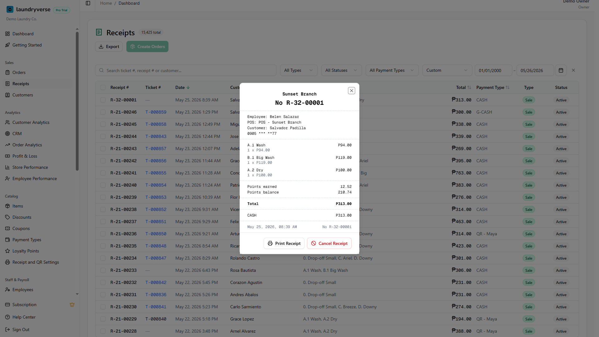 Receipt detail dialog showing store, ticket and receipt number, cashier, customer, line items, payments, change, points, and the linked order link
