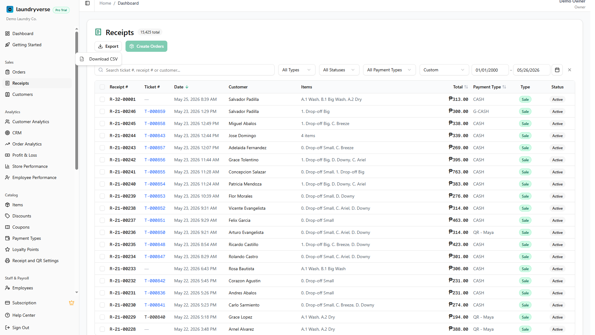 Receipts page with the Export menu open, showing the CSV download option