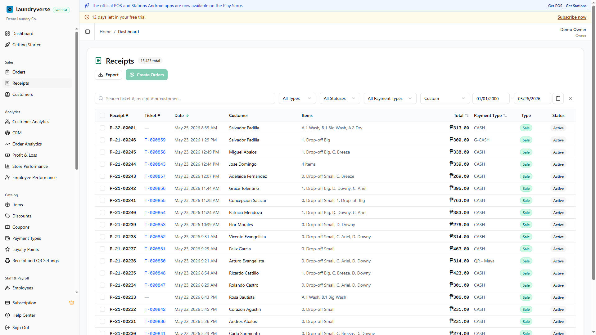 Dashboard Receipts page showing the table with receipt number, ticket number, date, customer, items, total, payment type, type, and status columns