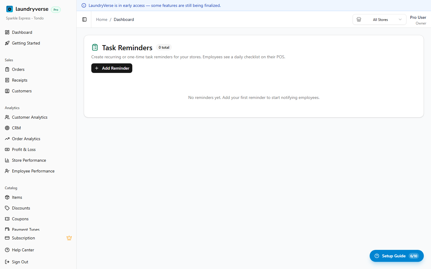 Reminders admin page with table of recurring tasks
