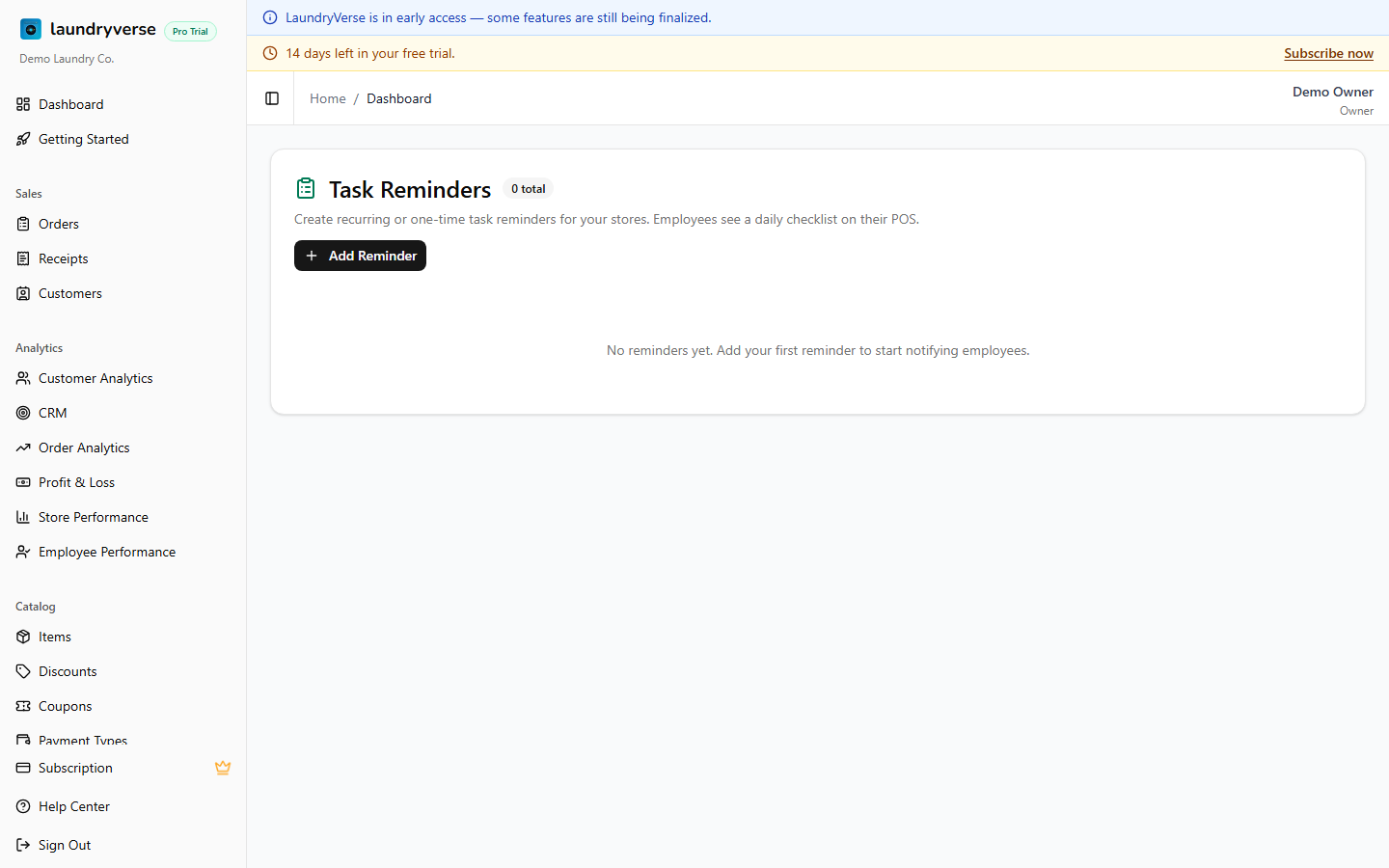 Reminders admin page with table of recurring tasks