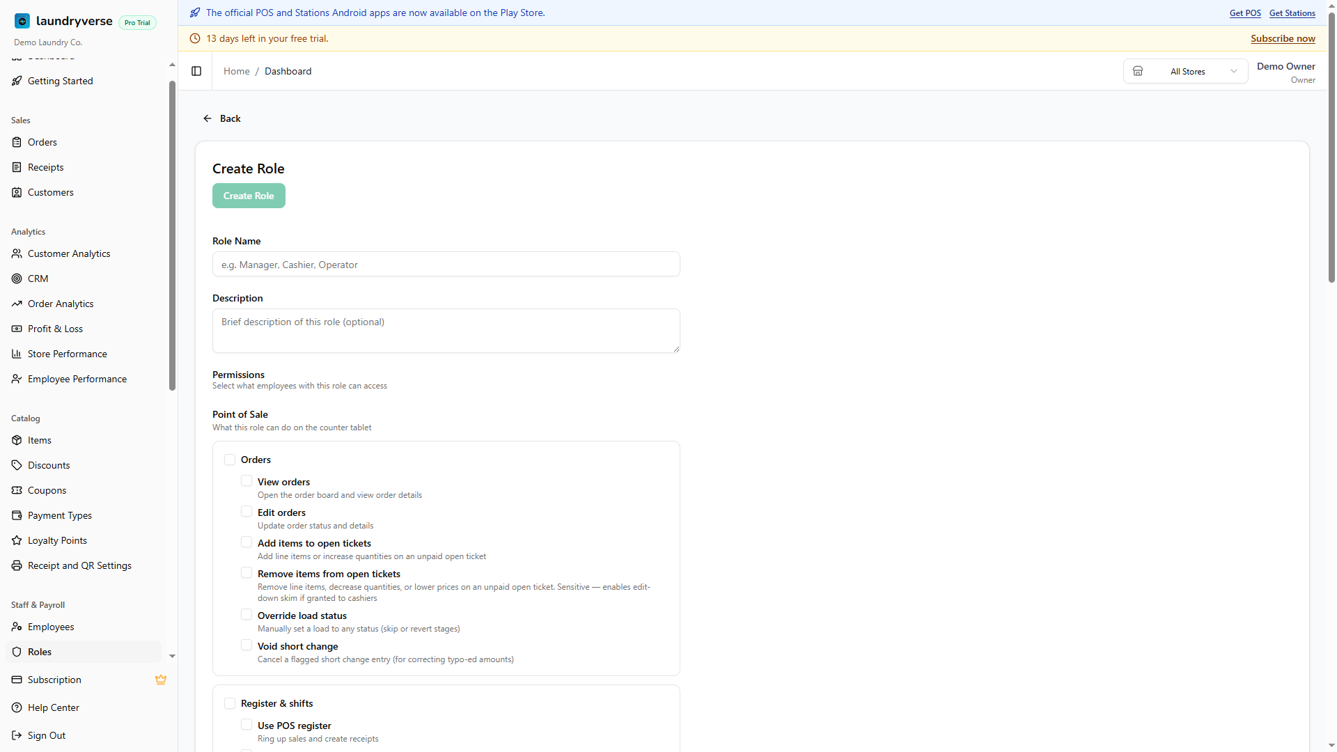 New Role editor showing permission categories
