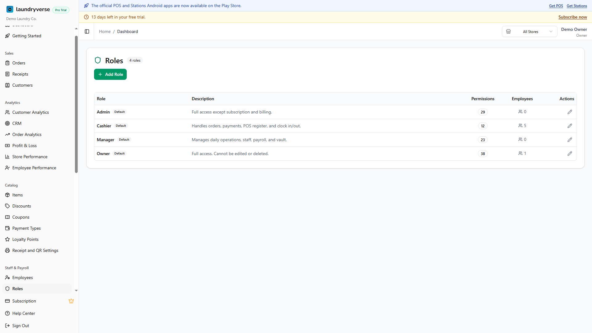 Roles management page