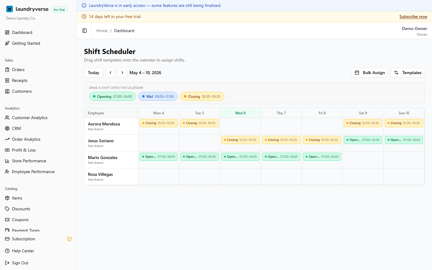 Shift calendar with drag-and-drop scheduling
