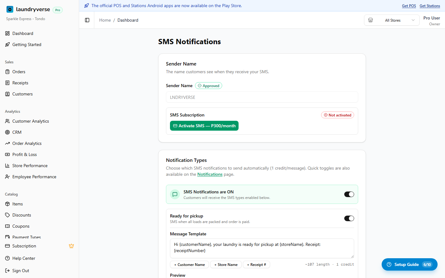 Notification Types card with master switch ON (emerald banner) and child toggles enabled