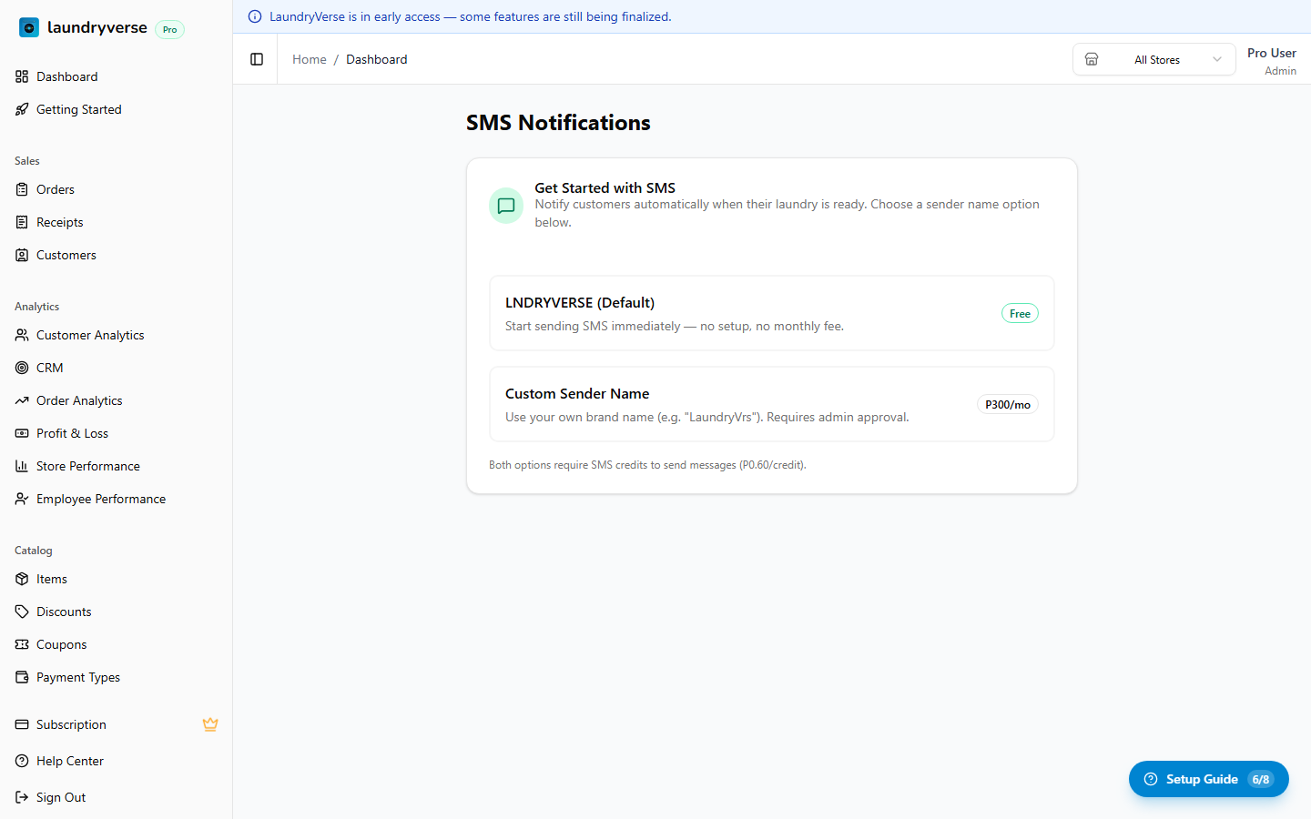 SMS setup screen with sender name options