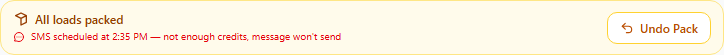 Packed bar showing red 'SMS scheduled at HH:MM — not enough credits, message won't send'