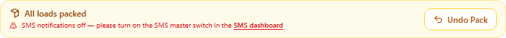 Packed bar showing red 'SMS notifications off — please turn on the SMS master switch in the SMS dashboard'