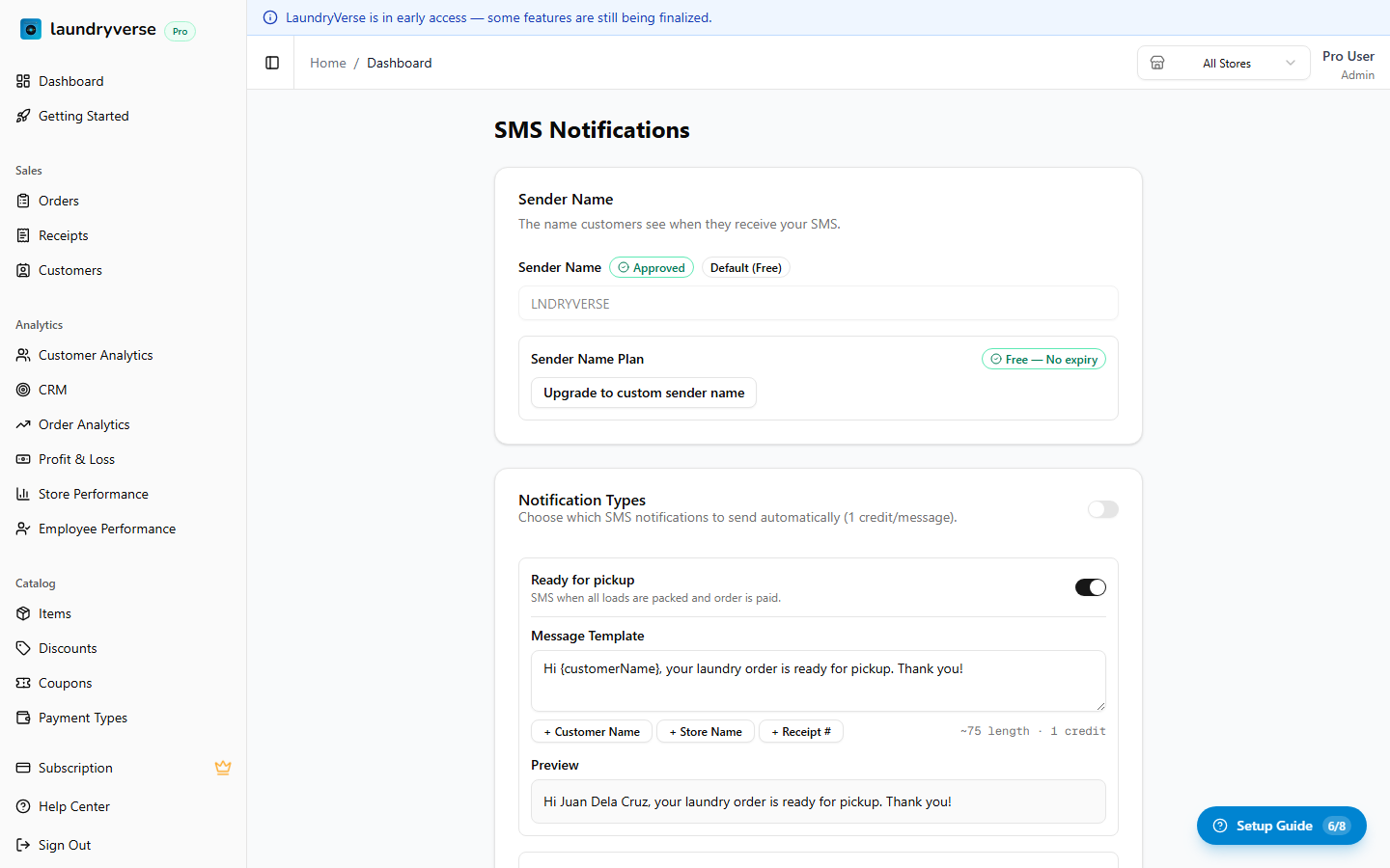 SMS template editor with placeholders