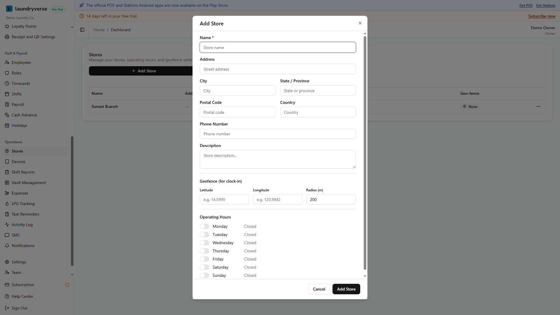 Add Store dialog with the new-store form