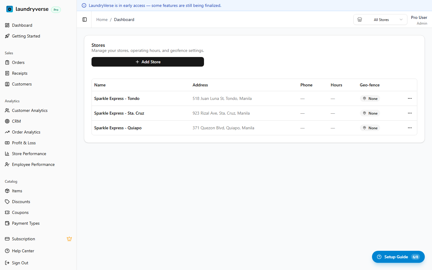 Stores management page with store list