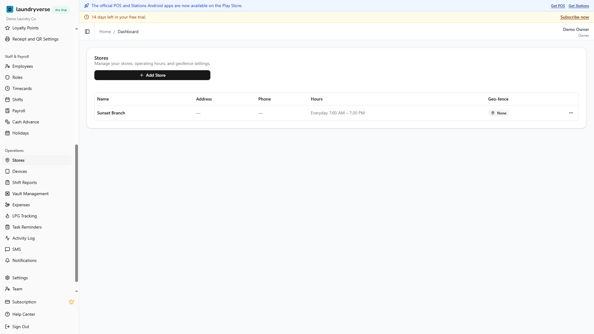 Stores page with the list of registered branches