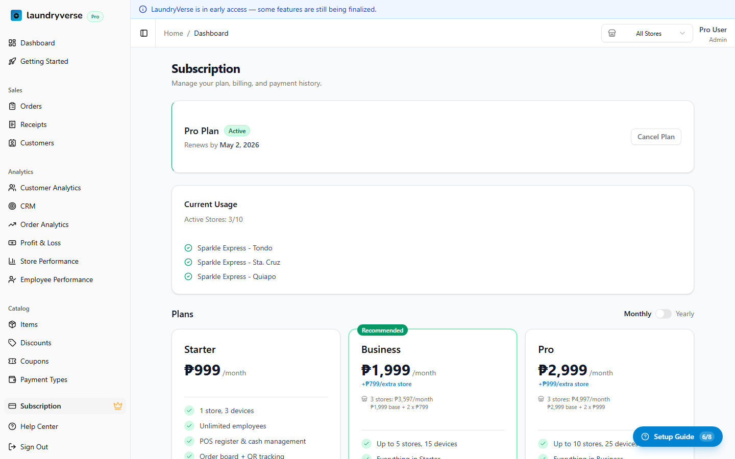 Subscription page showing current plan and usage