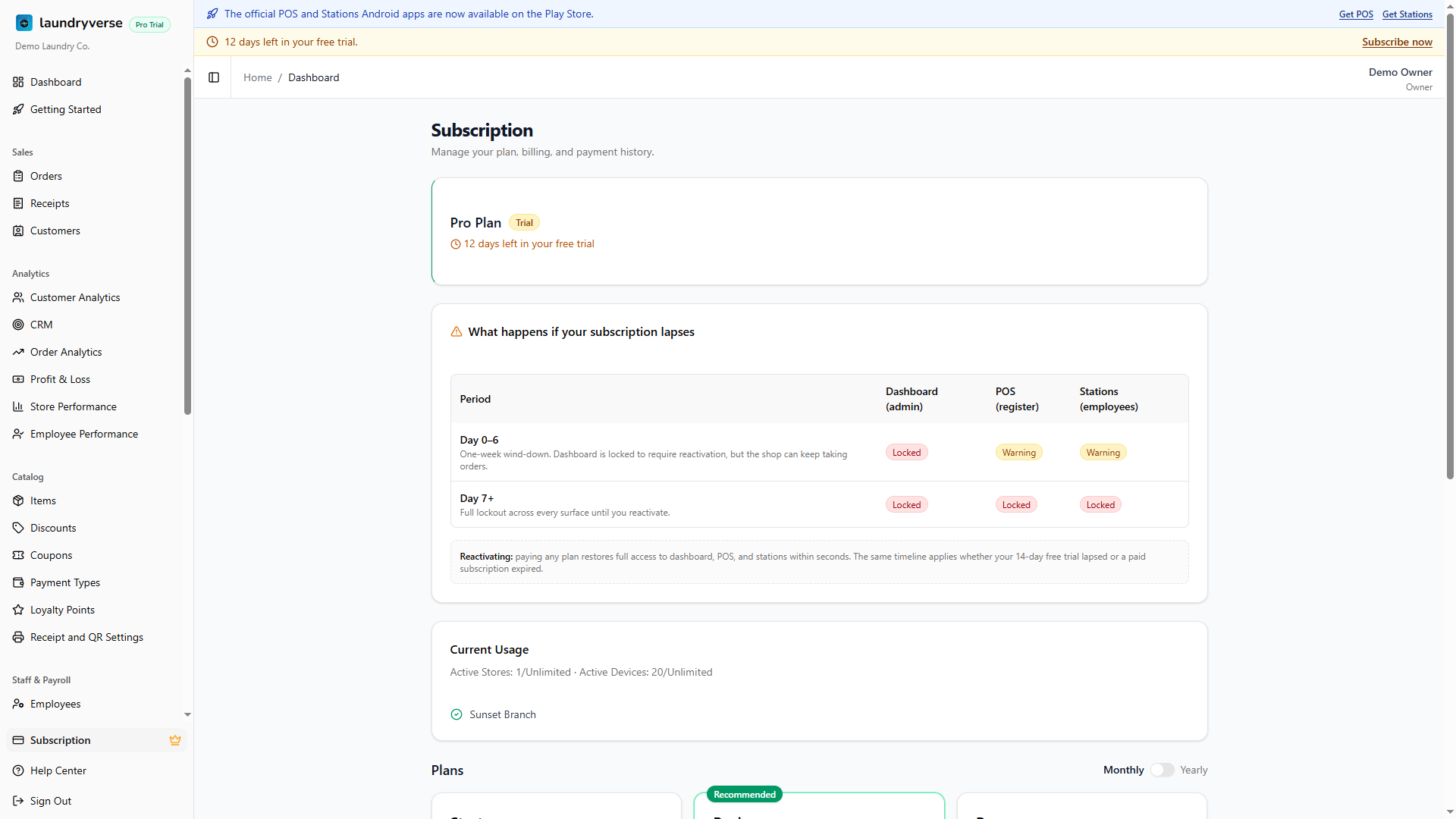 Subscription page showing current plan, usage, and plan comparison