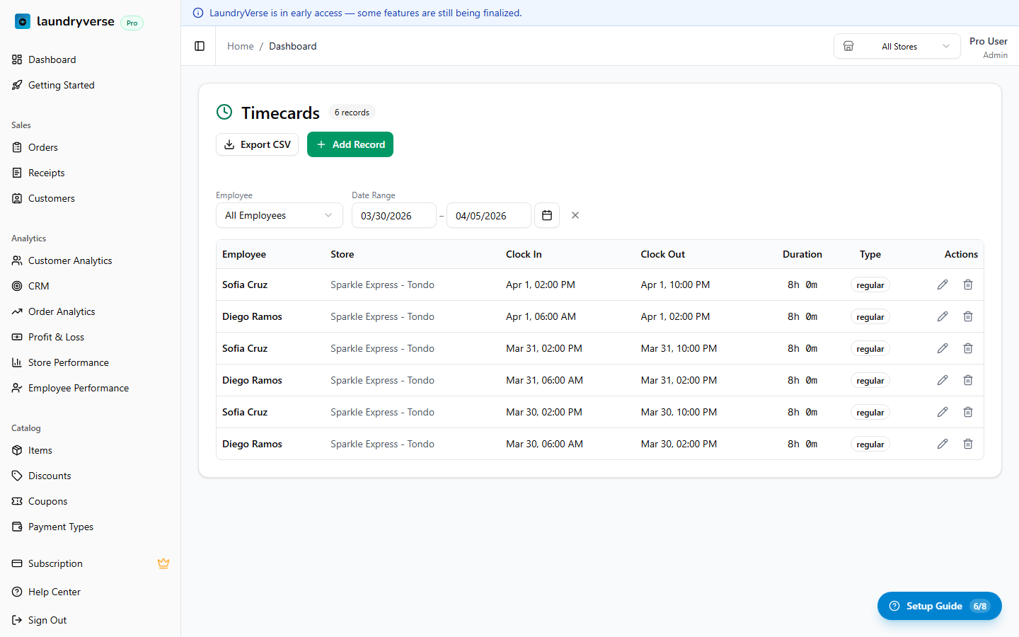 Timecards table showing employee clock records