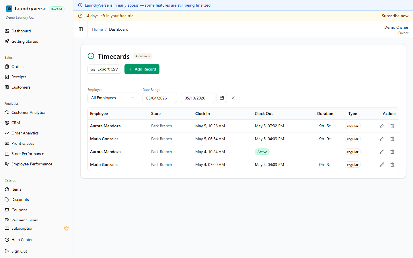 Timecards table showing employee clock records