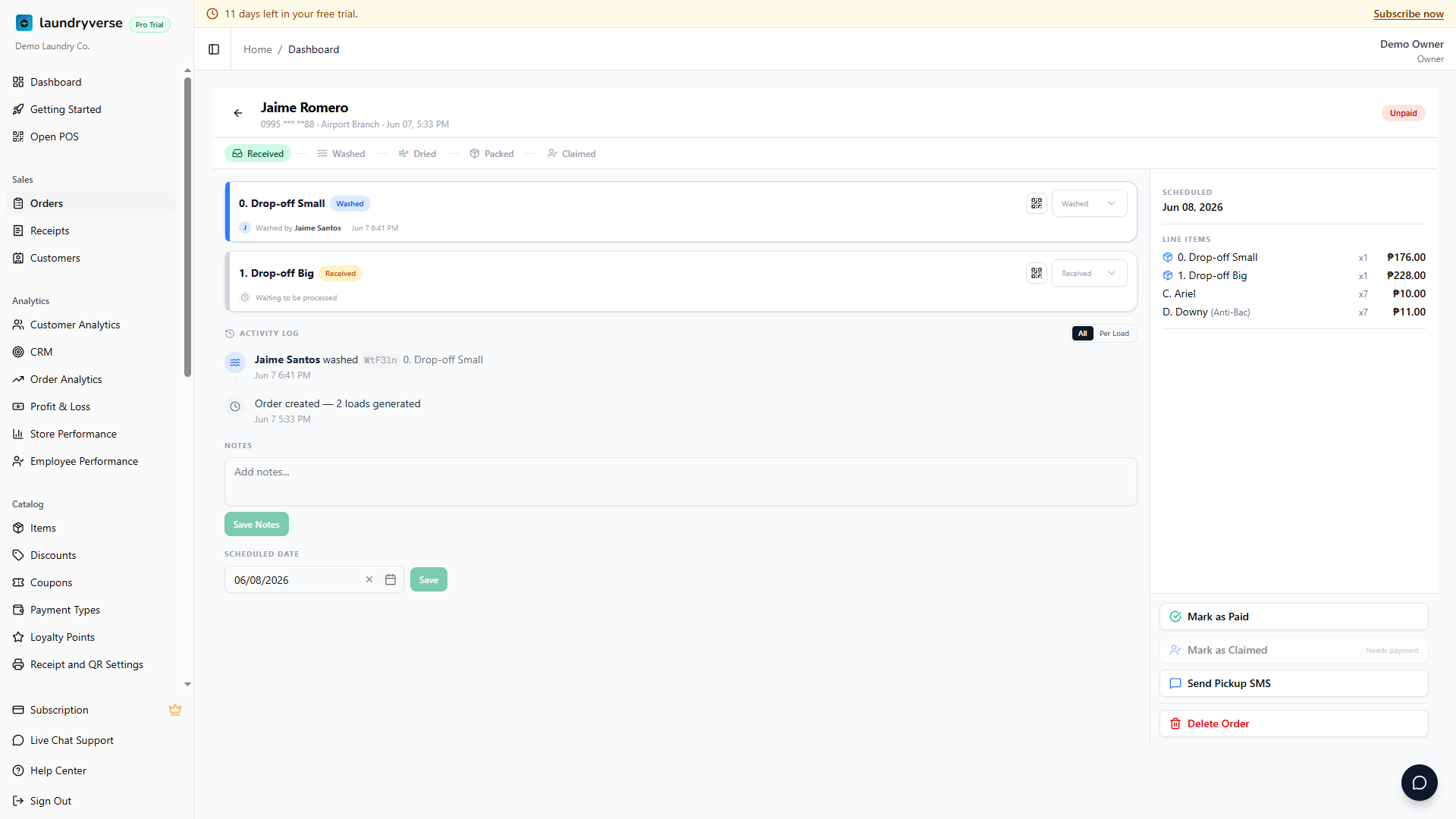 Dashboard order detail with the Mark as Paid button in the actions panel