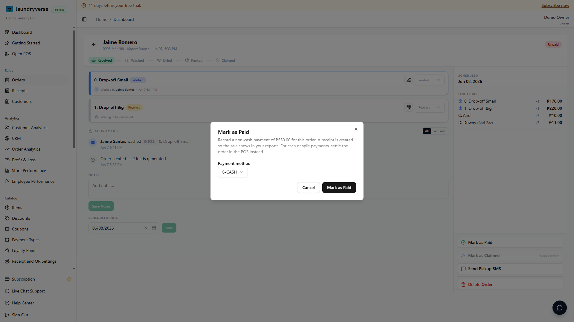 Mark as Paid dialog with the payment method dropdown