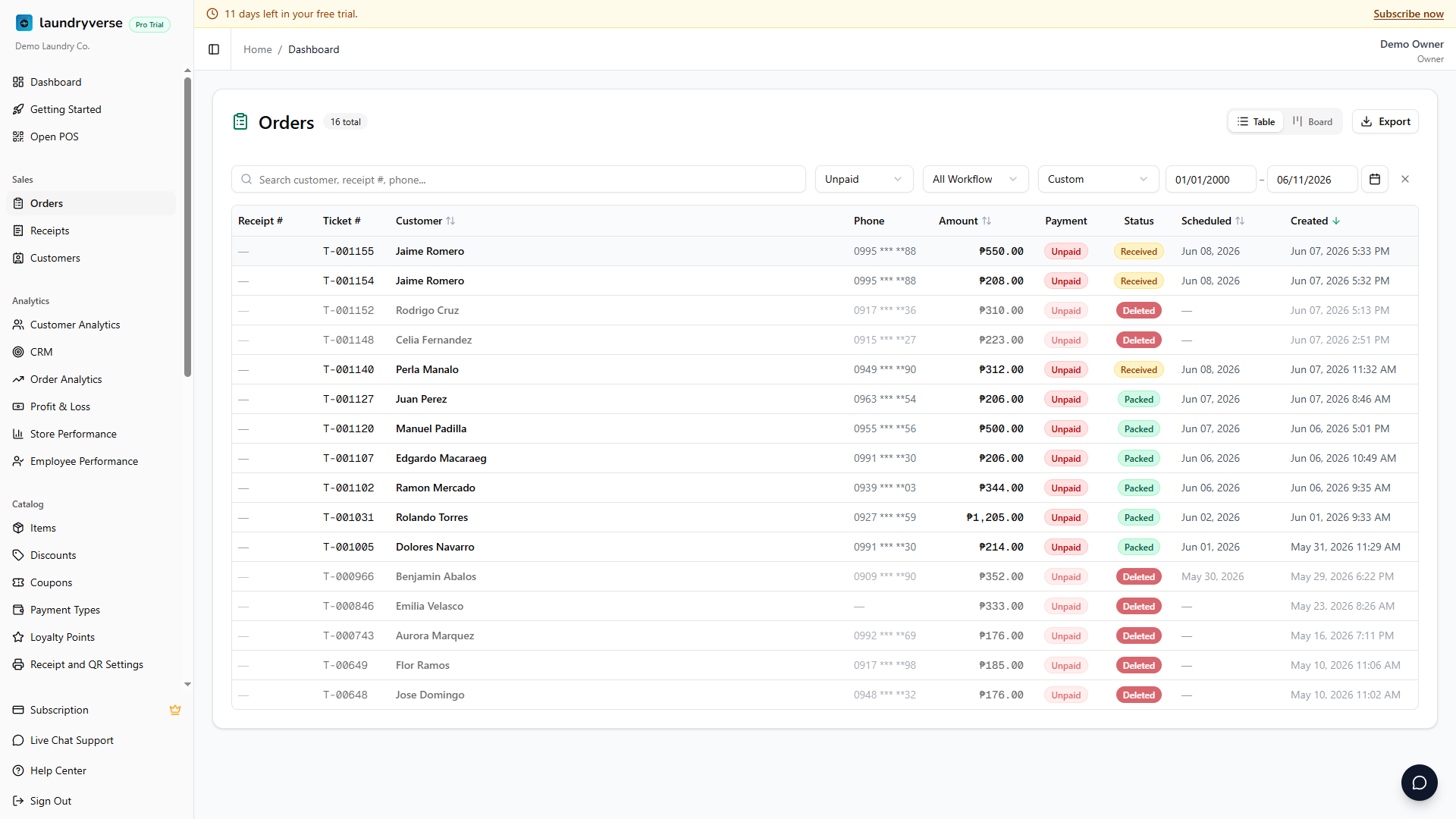 Dashboard Orders page filtered to Unpaid, showing red Unpaid badges in the Payment column