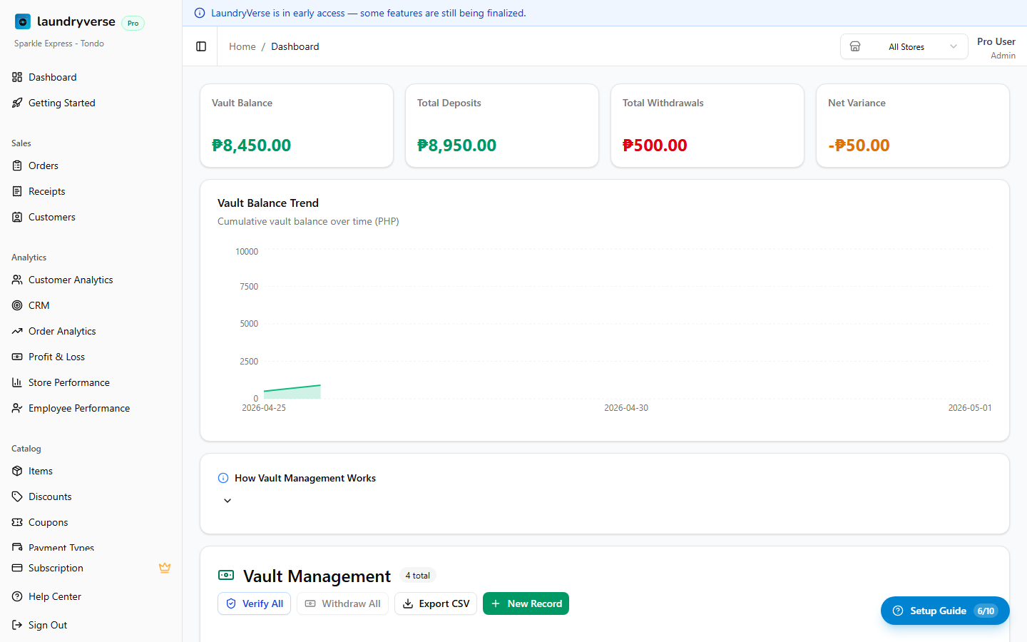 Vault Management page with summary cards, chart, and records table