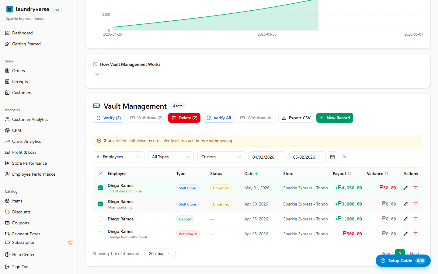 Vault page with rows selected for verification