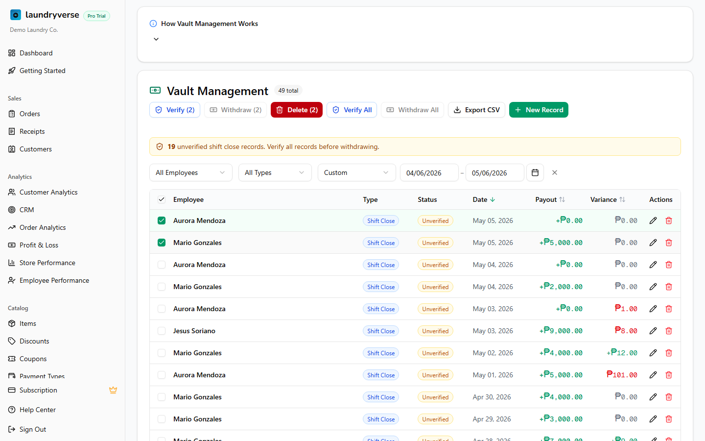 Vault page with rows selected for verification