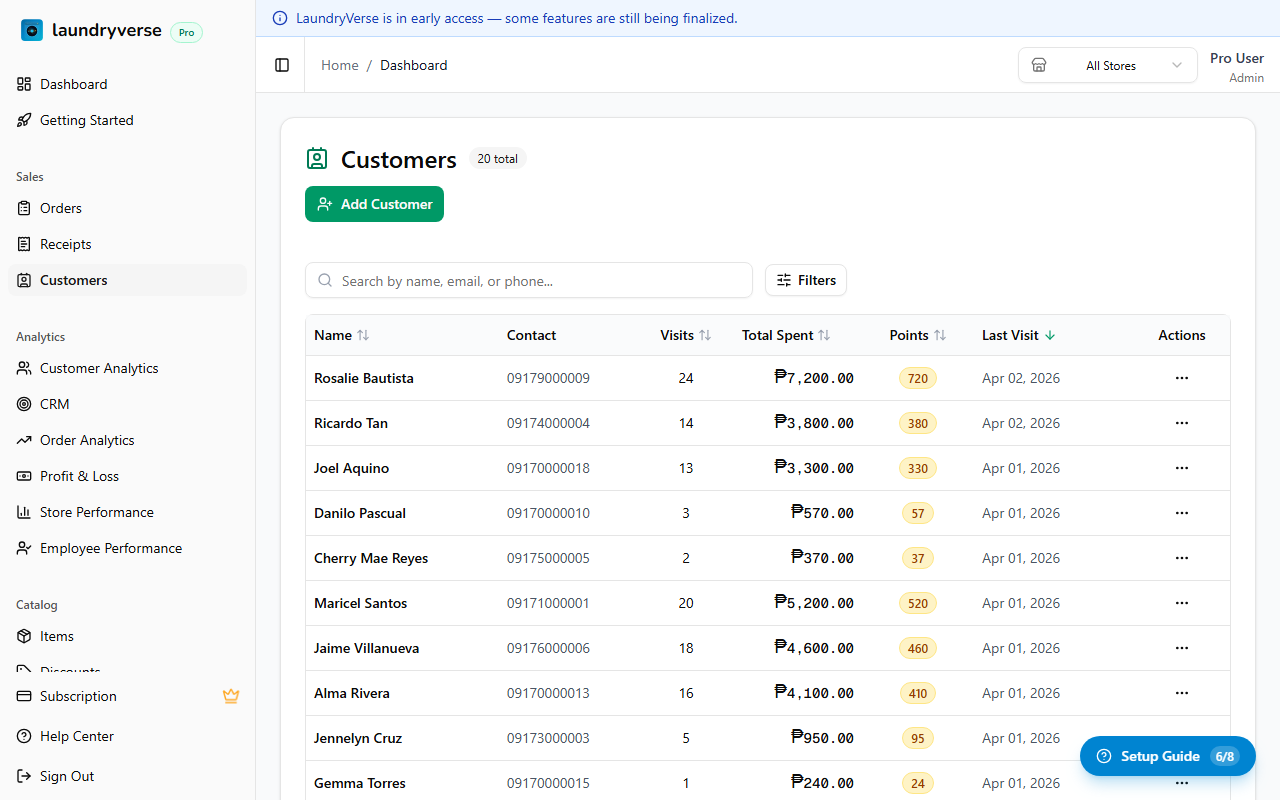 Customers page showing imported customers