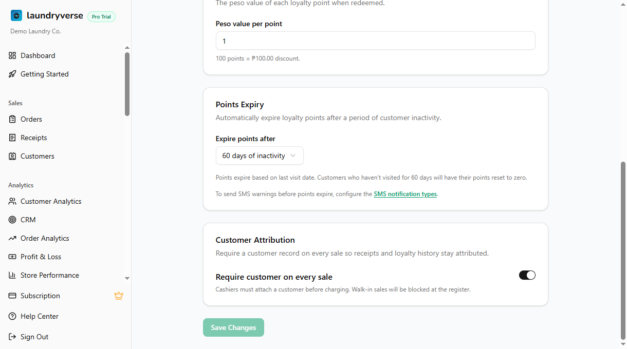 Require customer on every sale toggle in Dashboard → POS → Loyalty