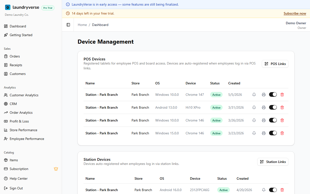 Devices management page