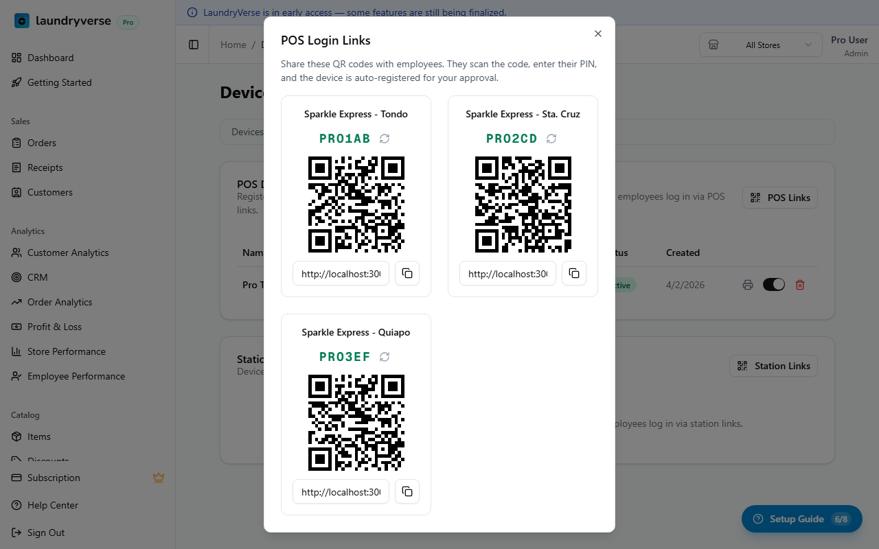 POS Links dialog with QR codes