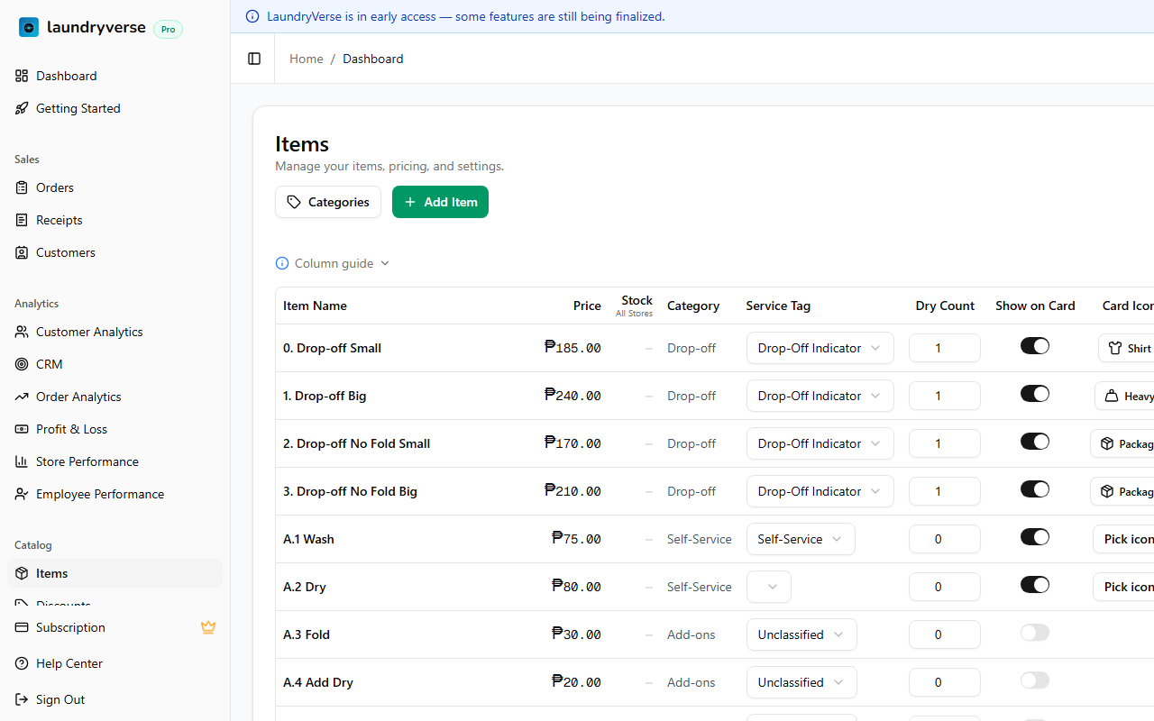 Items page showing imported items