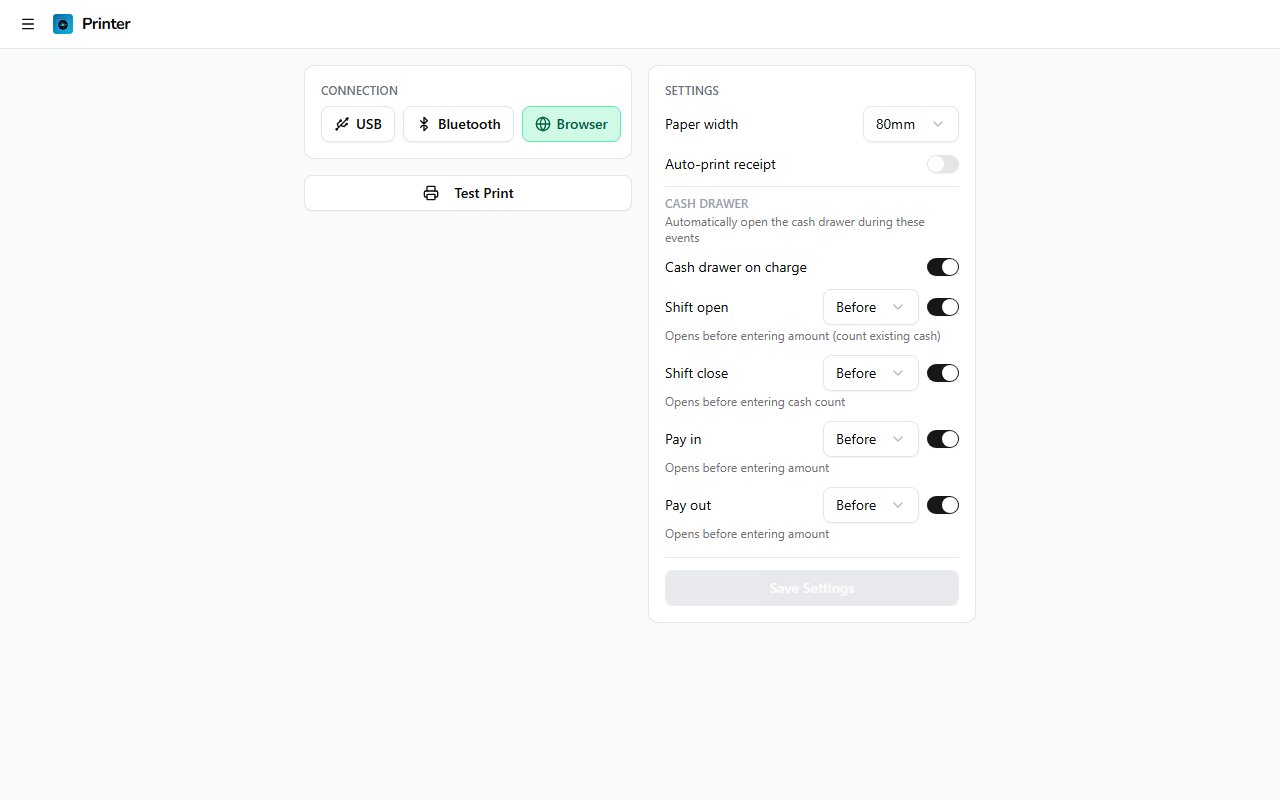 Printer settings with cash drawer options