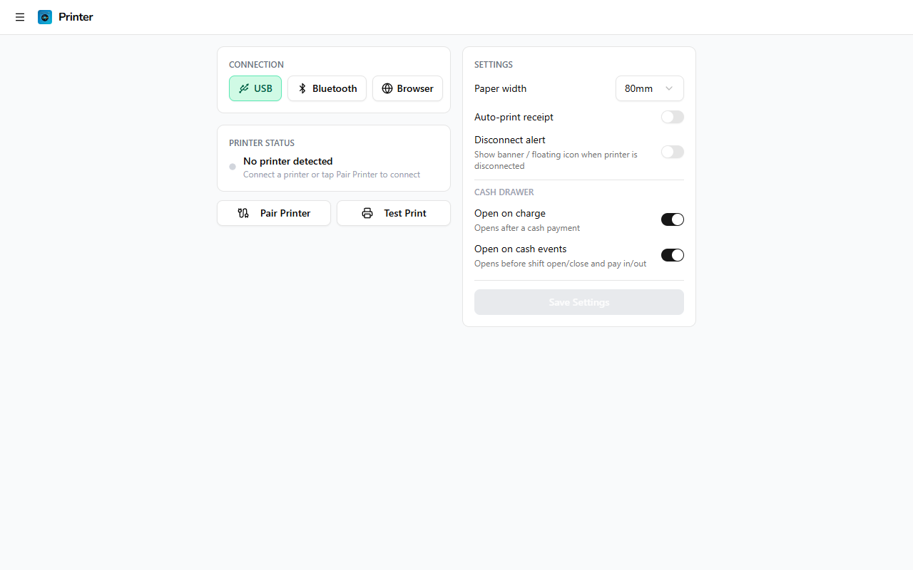 Printer settings with cash drawer options