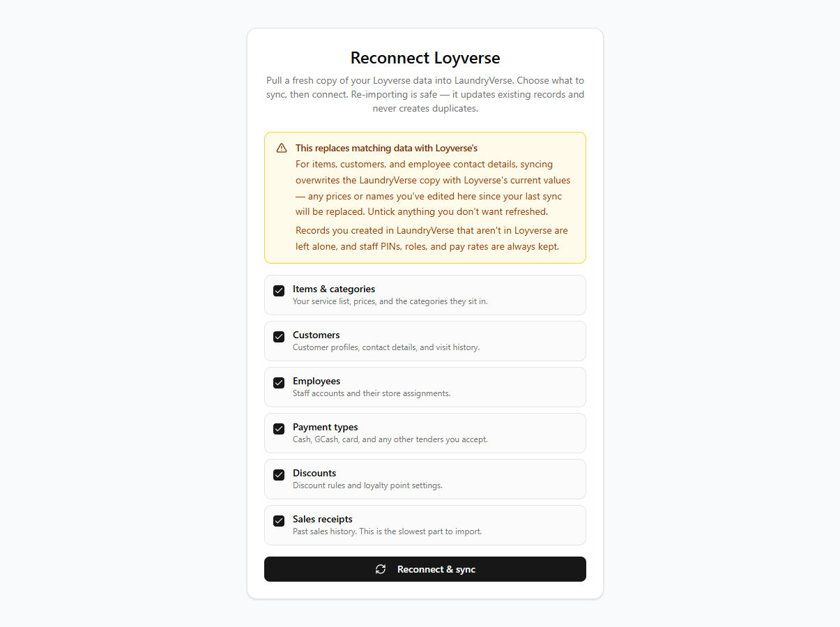The Reconnect Loyverse page showing the caution, the six data checkboxes all ticked, and the Reconnect and sync button