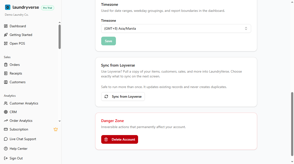 The Sync from Loyverse card in dashboard Settings, with a Sync from Loyverse button