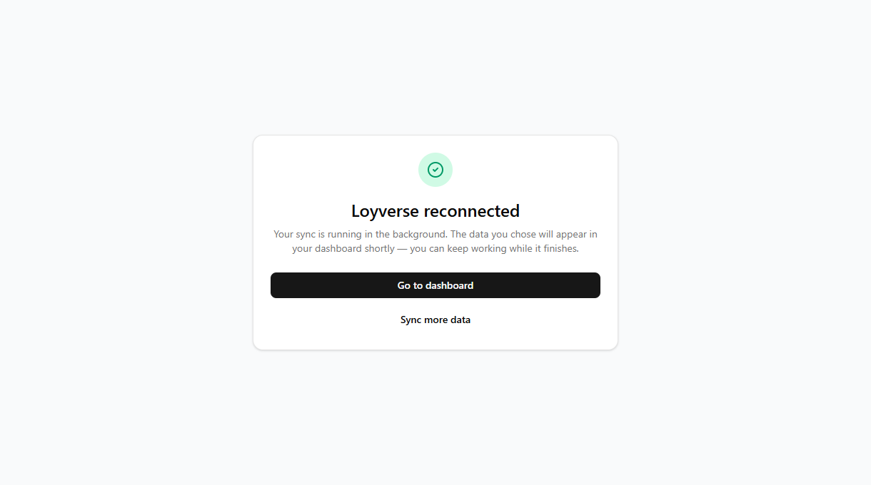 The Loyverse reconnected confirmation screen with a Go to dashboard button