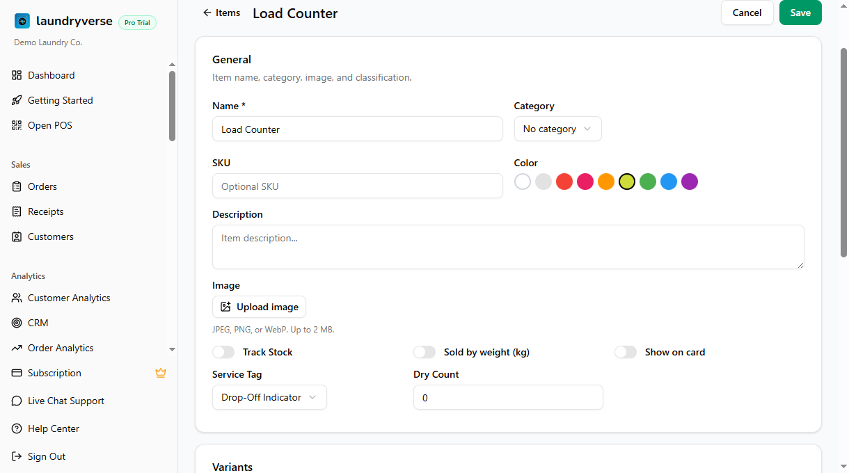 Load Counter item with the Service Tag set to Drop-Off Indicator and a price of zero