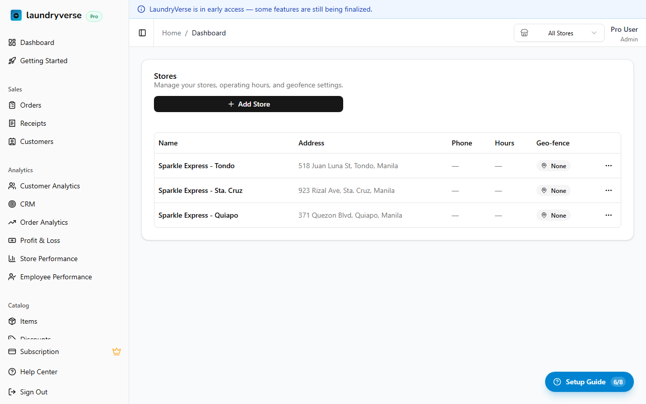 Stores page showing store details
