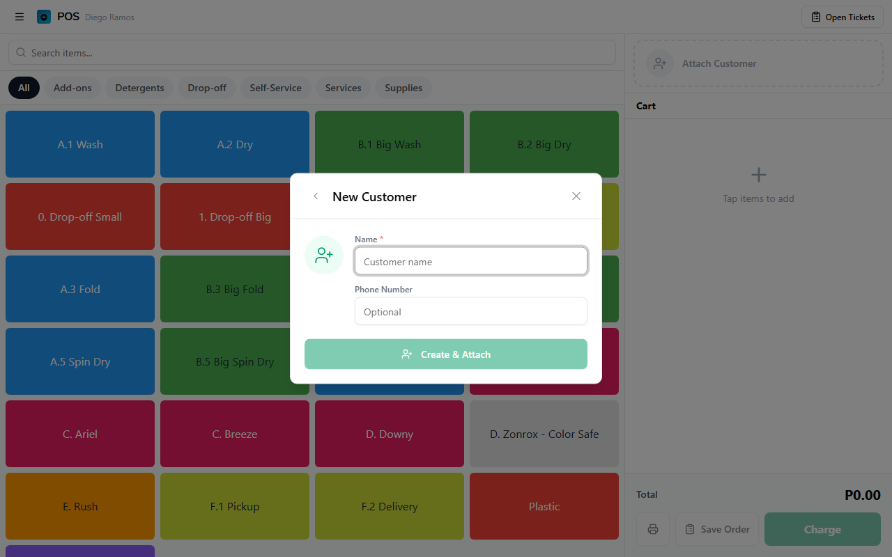 New customer form with name and phone fields and a Create and Attach button