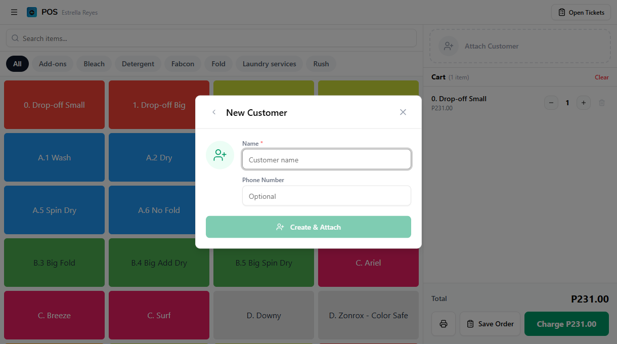 New customer form with name and phone fields and a Create and Attach button