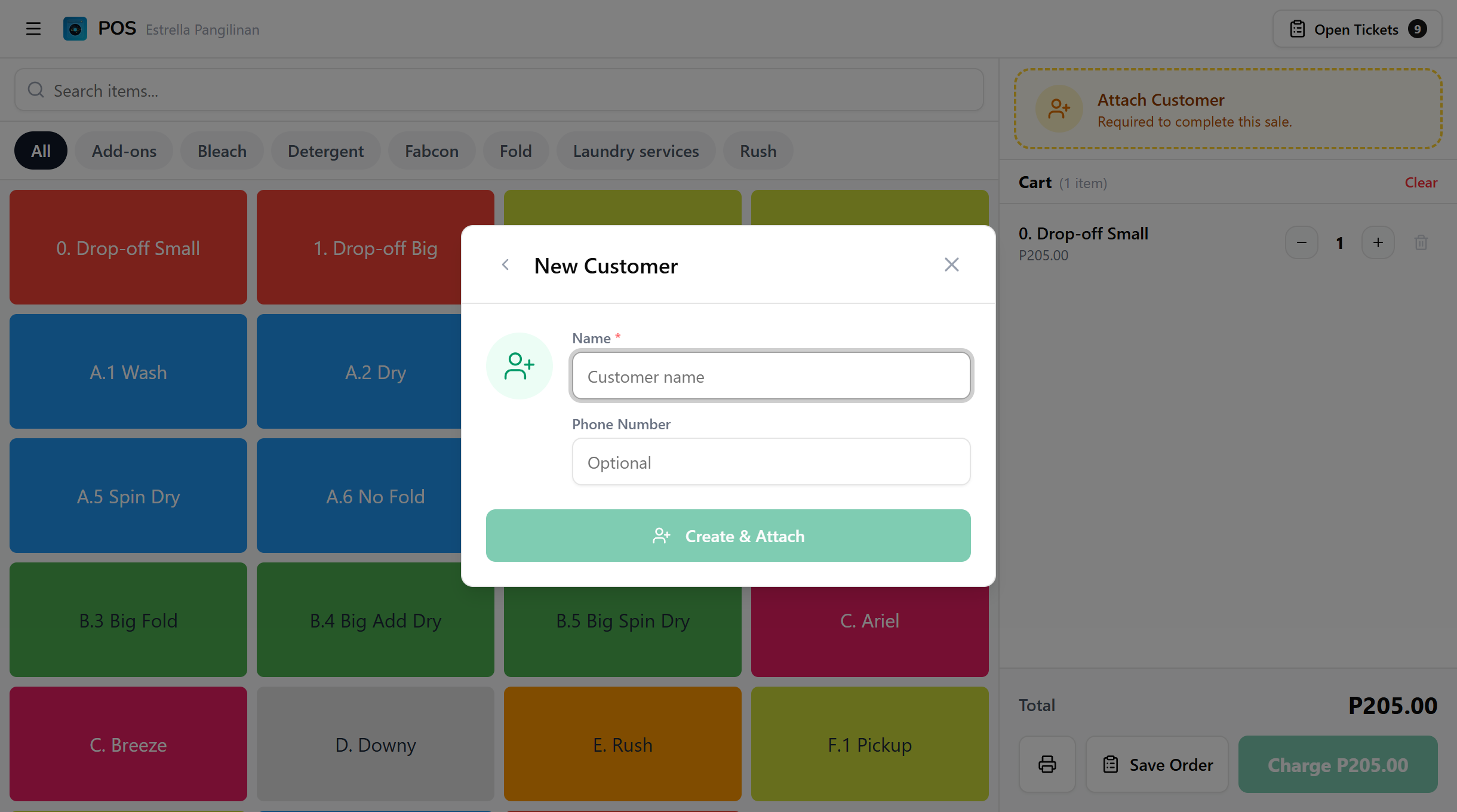 New customer form with name and phone fields and a Create and Attach button