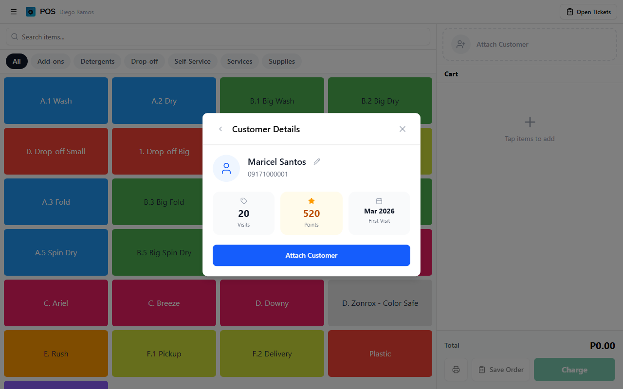 Customer detail view showing name, phone, visits, points, and first visit stats