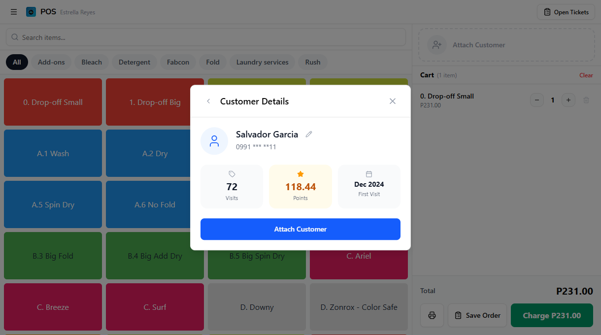 Customer detail view showing name, phone, visits, points, and first visit stats