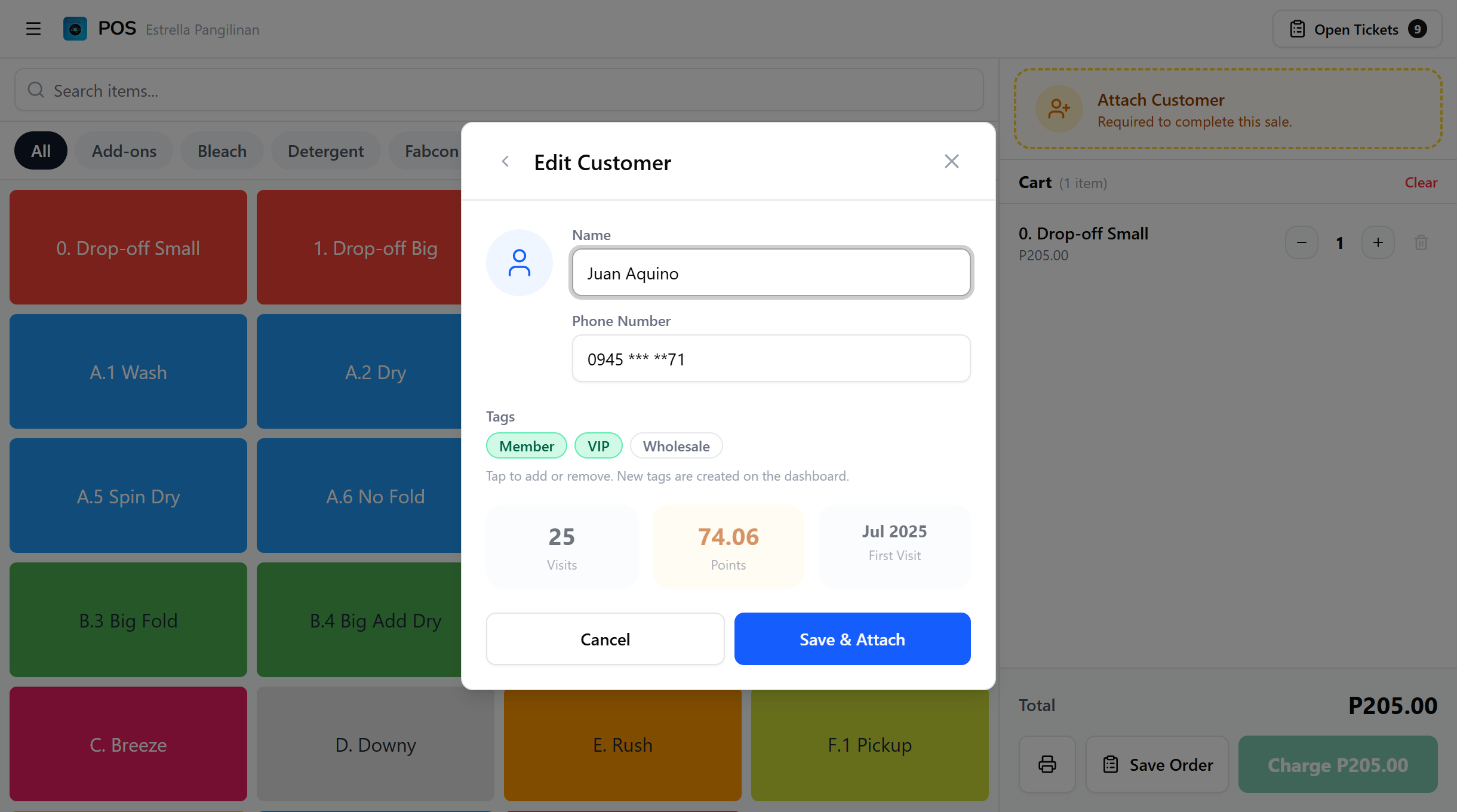 Edit customer form with name and phone fields and a row of tag toggle chips below
