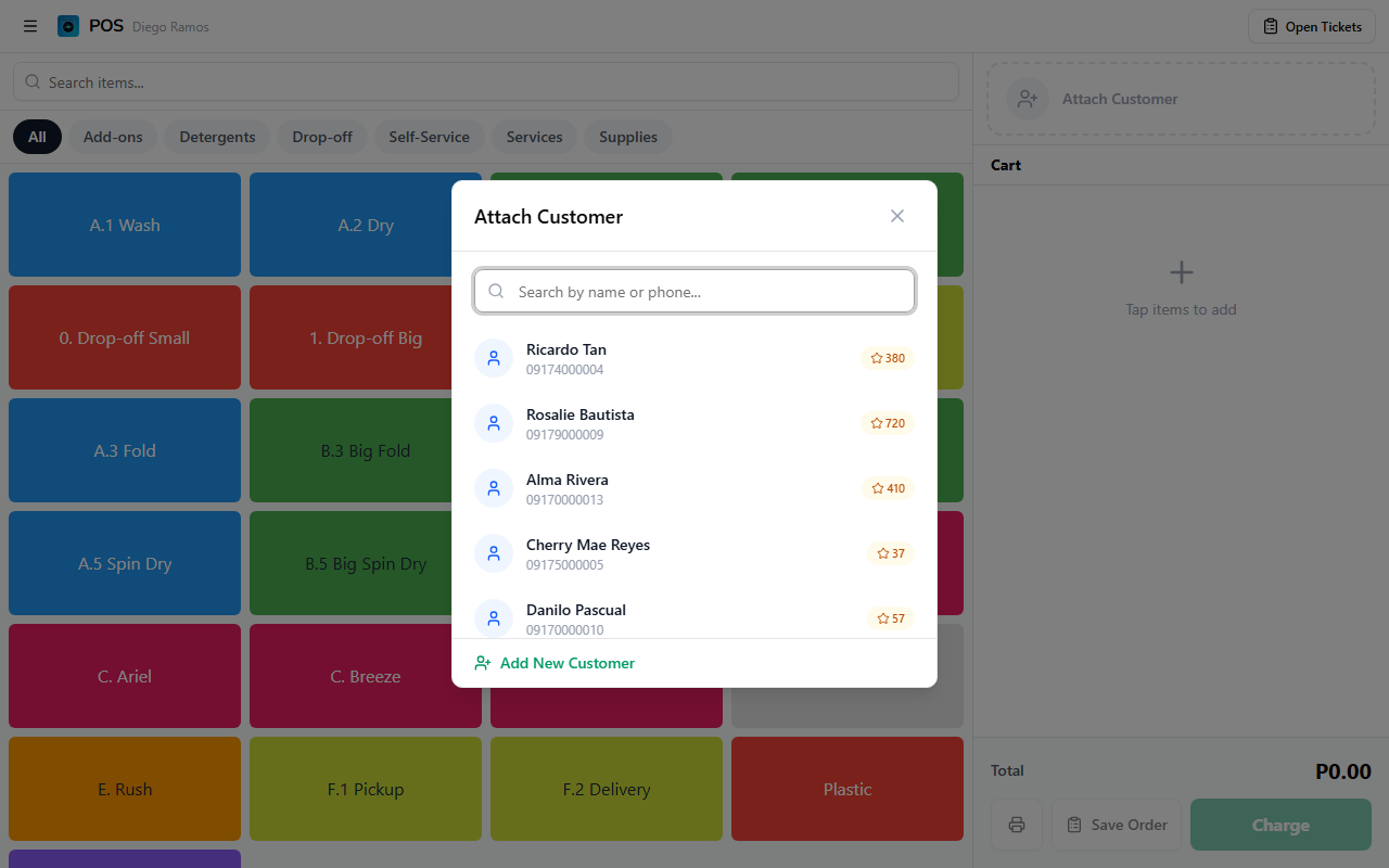 Customer search dialog showing results with names, phone numbers, and points badges