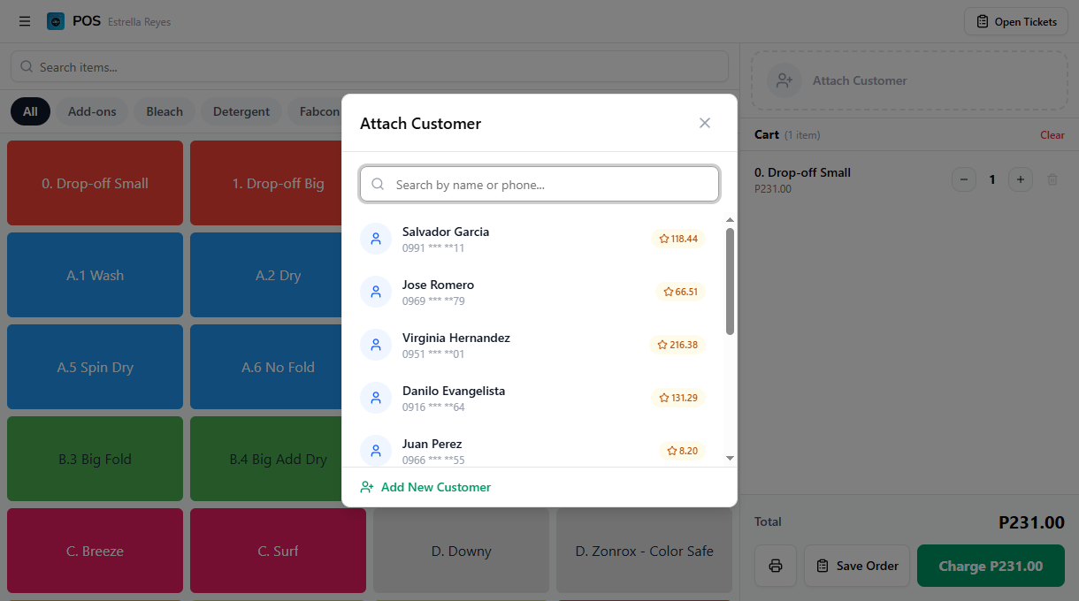 Customer search dialog showing results with names, phone numbers, and points badges