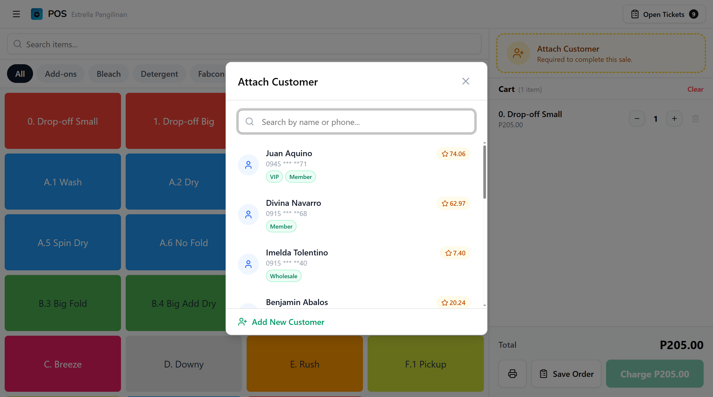 Customer search dialog showing results with names, phone numbers, and points badges